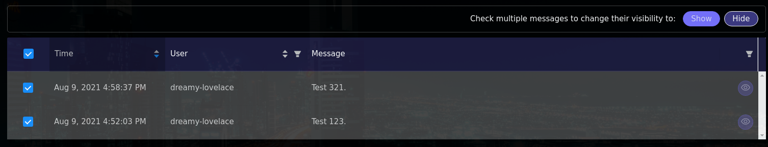 The Messages tab with several messages selected by checkbox and the show and hide buttons above the list