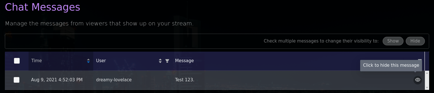 The Messages tab of the admin, with the eyeball visibility toggle on the right of a chat message