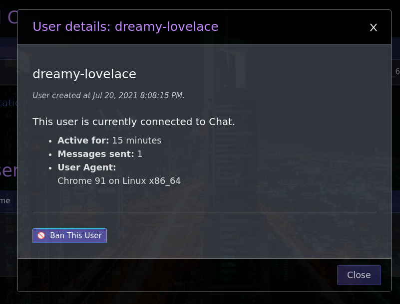 The user info modal opened from a display name, with a button to ban the user